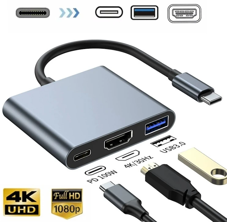 3-in-1 USB C Hub with 4K HDMI USB 3.0 Ports 100W PD Charging Aluminum Shell for MacBook Pro/Air Laptops