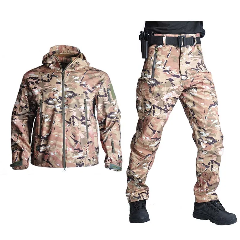 Outdoor Softshell Tactical Jacket Suit Hunting Clothes Men's Windproof Padded Hooded Jackets +Multi-pocket Cargo Pants New