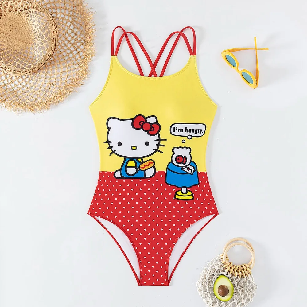 

2025 Girly Heart Kawaii Hello Kitty Anime Swimming Pool Shirt Clothing Cute Swimsuit Sleeveless Shirt Clothing for Girls Kids