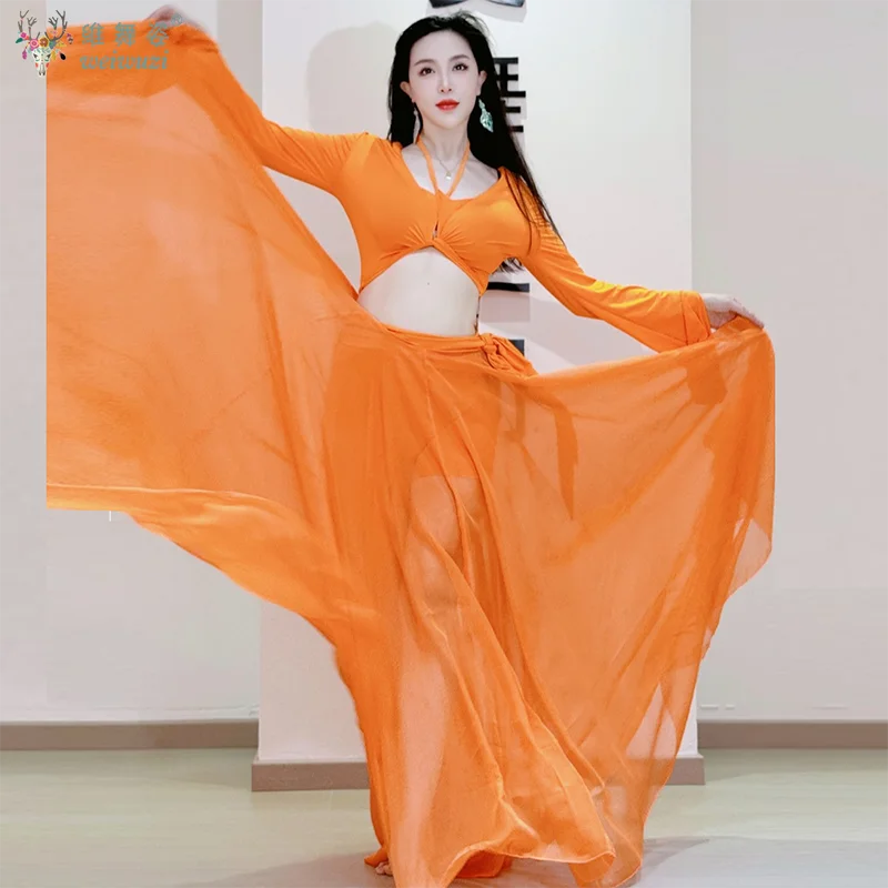 Traje elegante para danza del vientre, Top con tirantes, mangas con hombros descubiertos, falda dividida, ropa de práctica, ropa de actuación de danza Oriental para adultos