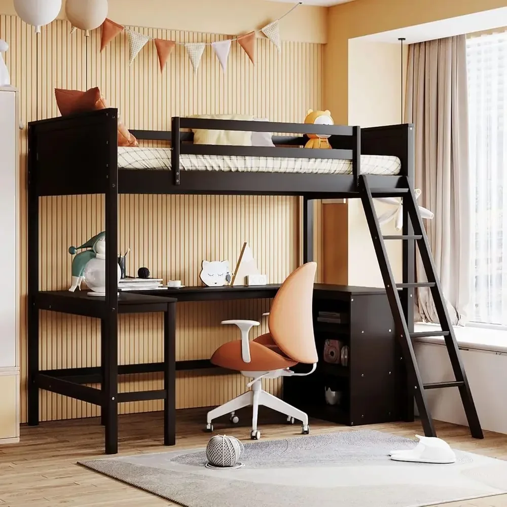 Twin Size Loft Bed with Desk, Storage Shelves, and Bookcase for Dorms, Kids, and Teens