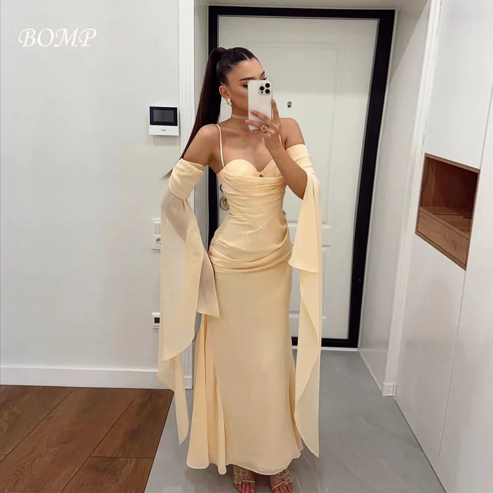 

BOMP Elegant Pleat Evening Dress Spaghetti Strap Removable Sleeves Champagne Chiffon Special Occasion Party Gown Customized