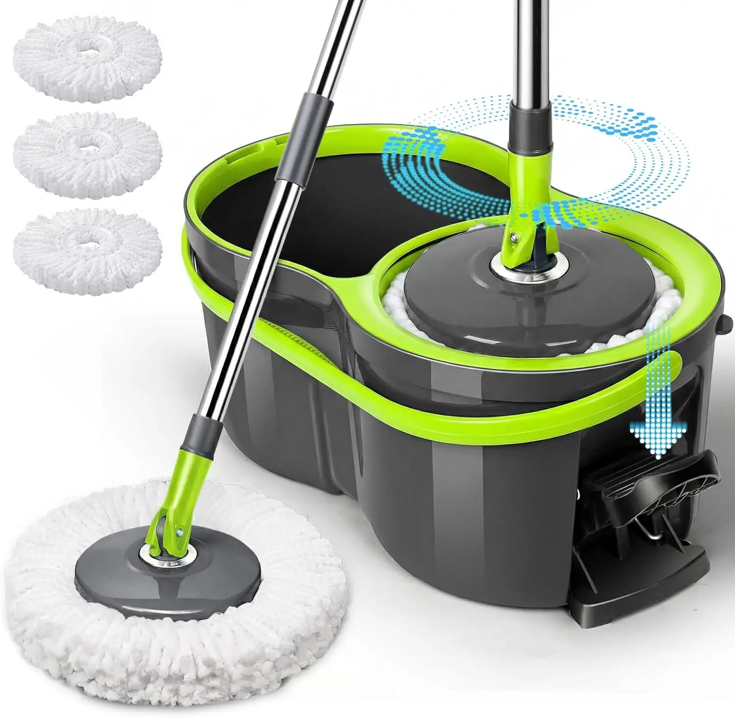 

Система для уборки с ведром, набор для мытья полов Masthome Pedal Spin Mop и ведро с отжимом, швабра EasyWring из микрофибры с 3 насадками, 360° ° Спиннинг