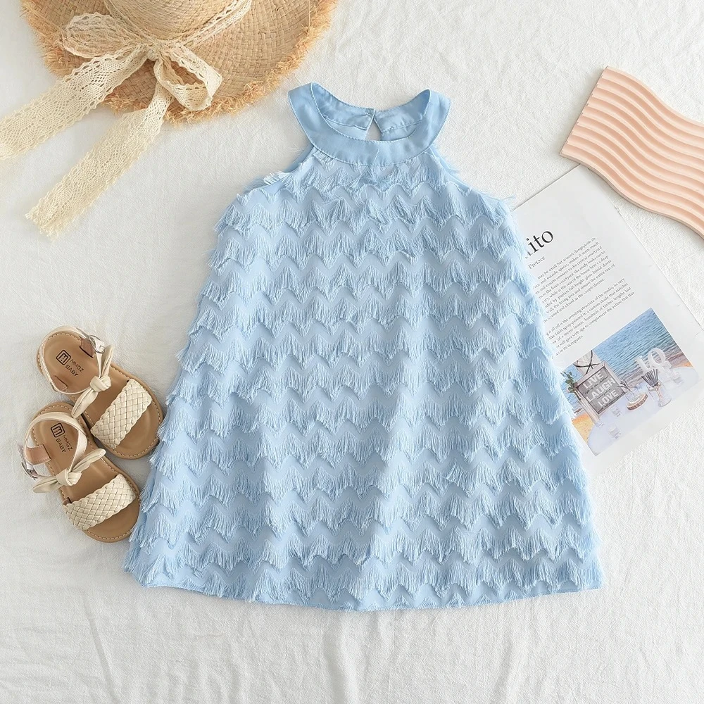 Blue Summer New Solid Color Girls' Casual Sleeveless Dress with Tassel Decoration Sweet and Cute Children's Clothes