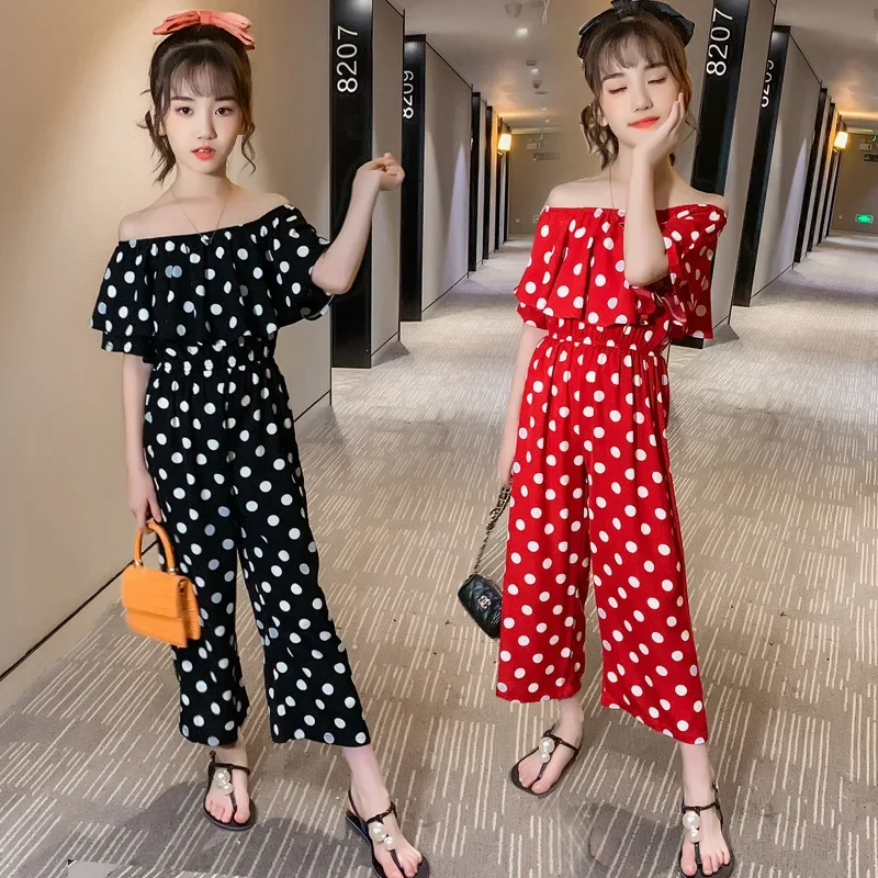 3-12 Years Girl Overalls Off-shoulder Chiffon Teen Girls Romper Polka Dot Girls Jumpsuit Sunsuit Summer Girls Clothes Outfits