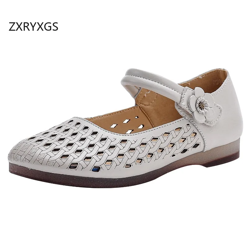 ZXRYXGS 2026 New Summer Flowers Genuine Leather Hole Hole Sandals Fashion Comfort Breathable Flat Sandals Women's Banquet Shoes