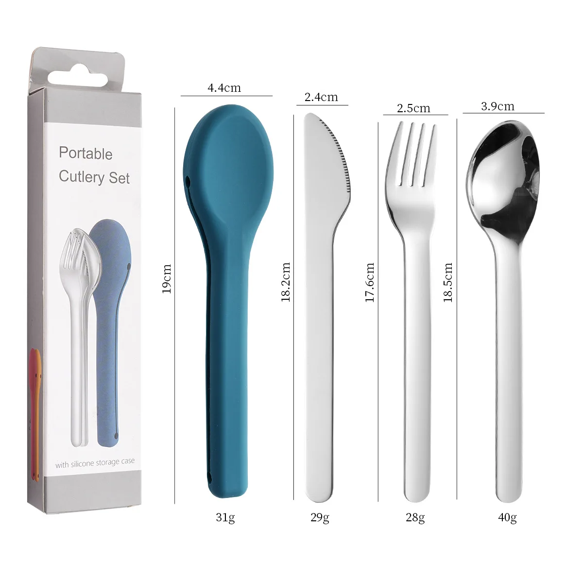 

304 Stainless Steel 3PCS Portable Tableware Set with Spoon Fork Knife Durable Silicone Cutlery Case for Adults/ Picnics/Camping