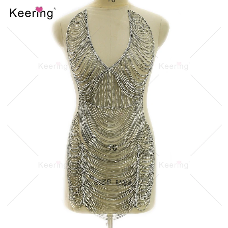 Silver Trim Body Rhinestone Applique for Sewing on Dress, Evening Prom, Sexy, Handmade, High Quality, WDP-413