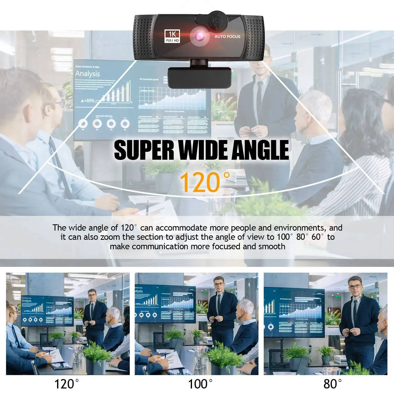 Webcam USB HD avec support et microphone, caméra d'ordinateur grand angle, mise au point automatique, diffusion en streaming, appel vidéo, jeu en direct