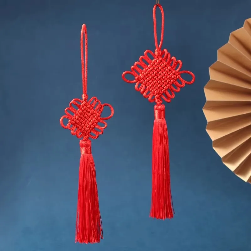 Red Lucky Chinese Knot Pendant with Tassel DIY Braided Keychain Handcrafted Hanging Decoration for Home Car Spring Festival Gift