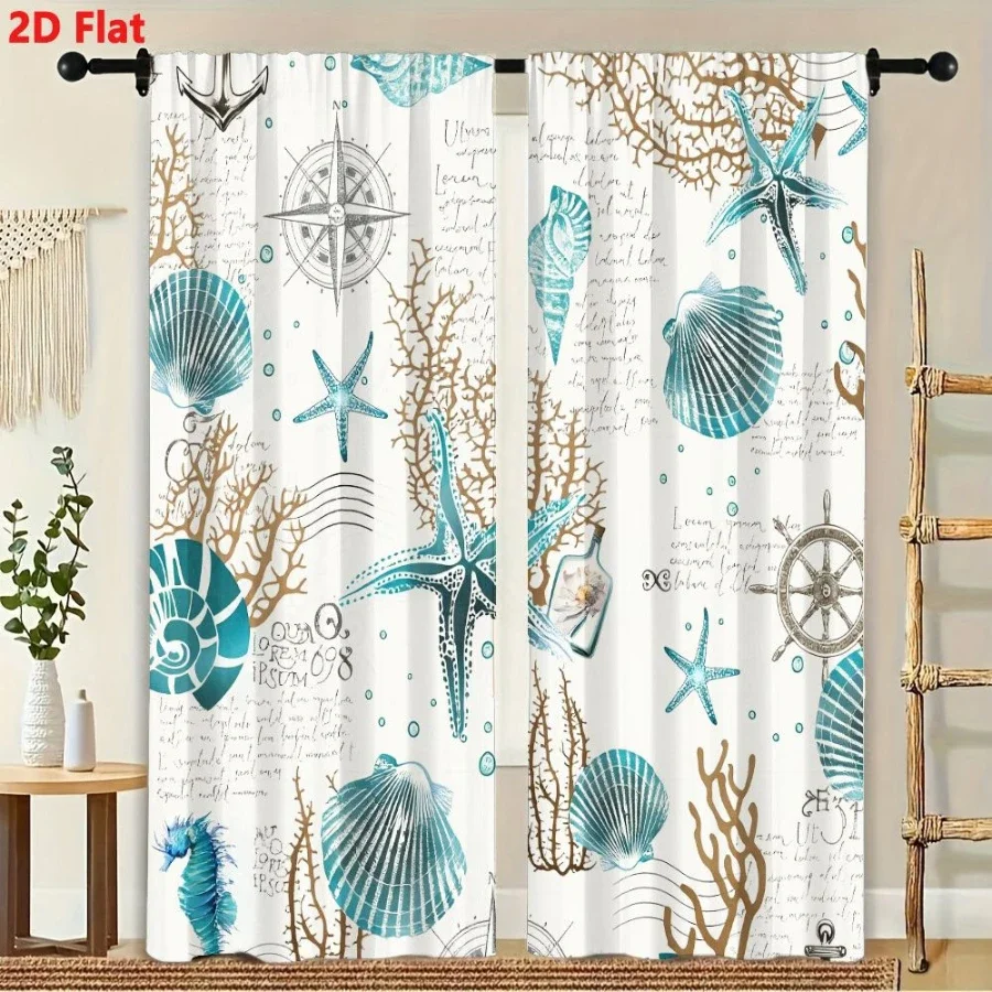 2PCS Digital Printed Curtains, Coral Starfish Pattern, Tropical Coastal Beach Style for Living Room Bedroom Home Decor