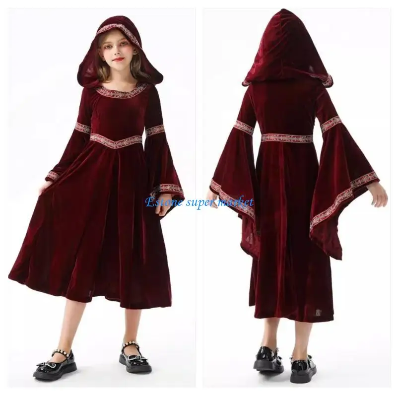 090B Costume d'halloween majestueux pour enfants avec capuche tenues courtoises tribunaux enchanteurs inspire robe d'enfant avec
