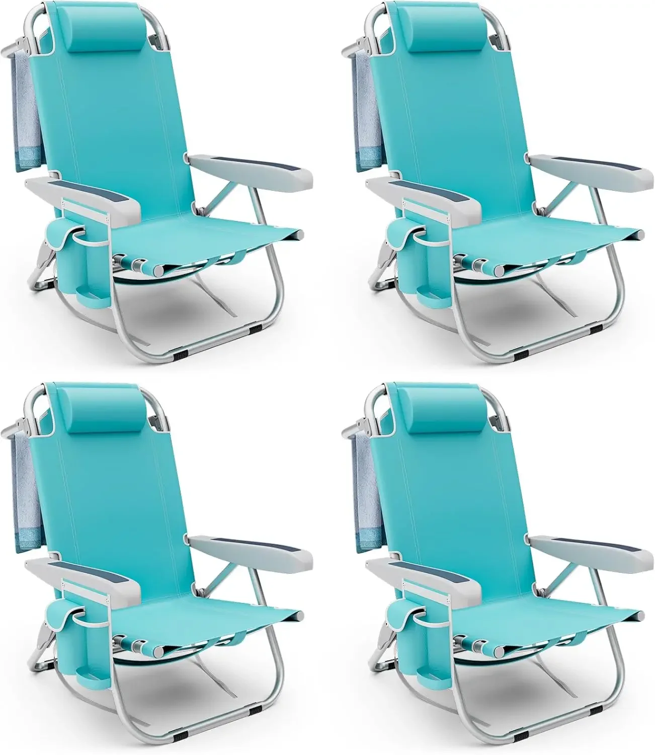4-Pack Lightweight Beach Chairs, 5-Position Foldable with Cup Holders, Towel Bar & Carry Bag