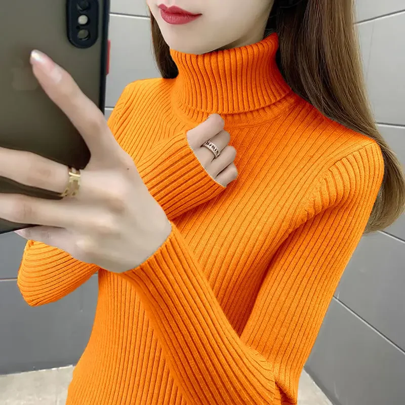 

Ribbed Solid Turtleneck Long Sleeve Pullover for Women Fashion Slim High Casual Sweater Autumn Winter Top New Female 2024 YL75