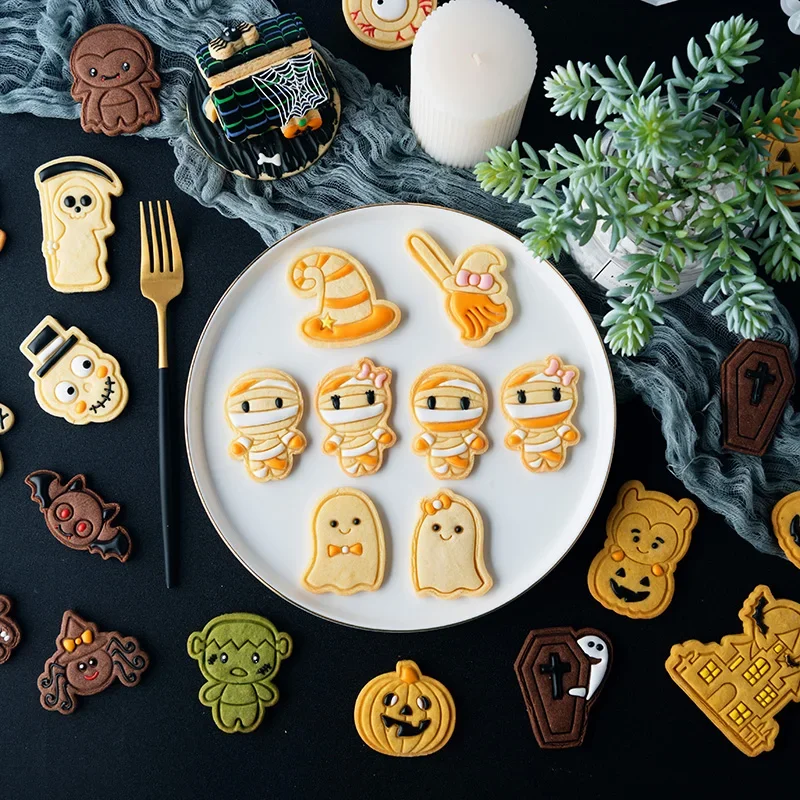 Cartoon Halloween Fondant Frosting Cookie Embosser Mold Cute Bat Ghost Skull Pumpkin Pattern Cookie Cutter Cake Stamps Moulds