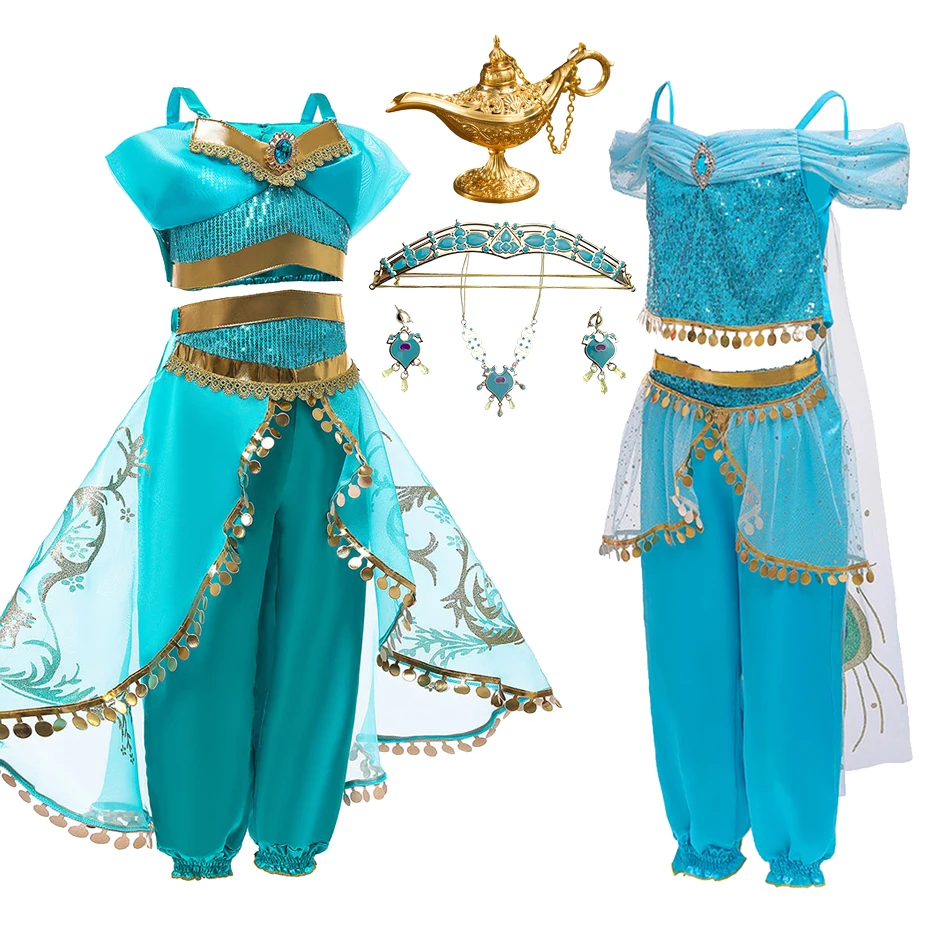 Girls Cosplay Jasmine Costume Kids Arabian Princess Clothes Children Aladdin Lamp Christmas Dress Halloween Evening Dress 3-10T