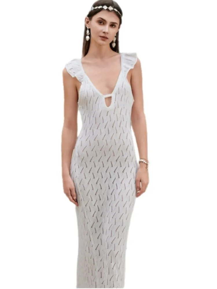 Seksowna długa sukienka plażowa z dzianiny z wycięciami, głęboki dekolt w serek, bez rękawów, narzutka na bikini, sukienka na jesień z odkrytymi plecami, sukienka na wakacje 2026