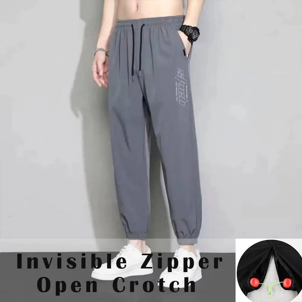 

Summer Spring Invisible Zipper Open Crotch Ice Silk Pants Casual Black Plus Size Harem Trousers