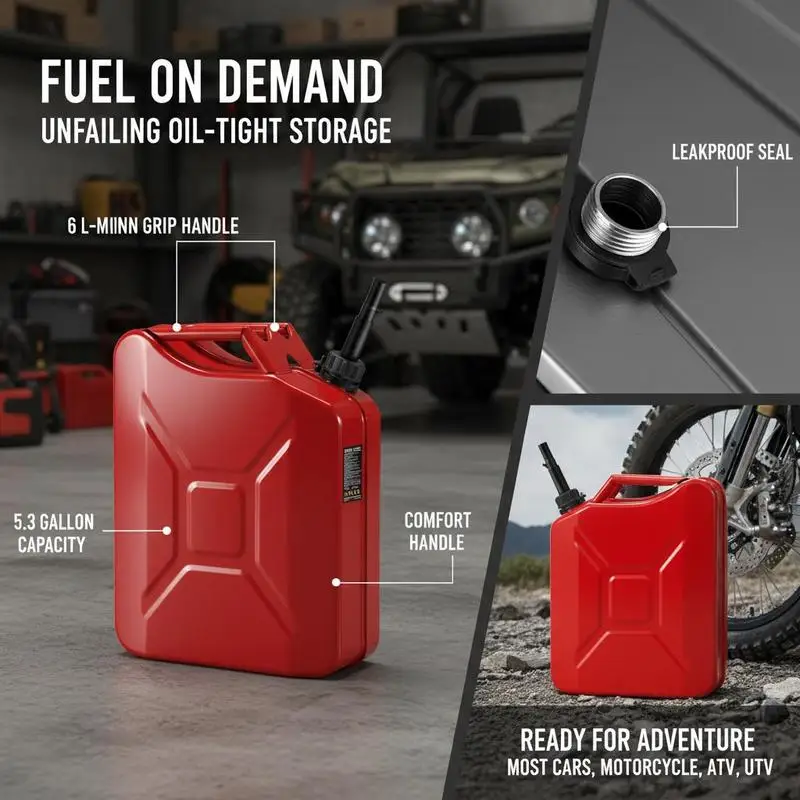 

Metallic Fuel Reservoir 20L For Automobile Motorcycle Off-Road Vehicle, High Flow Spout Ergonomic Grip Leak-Proof Seal Red Ca