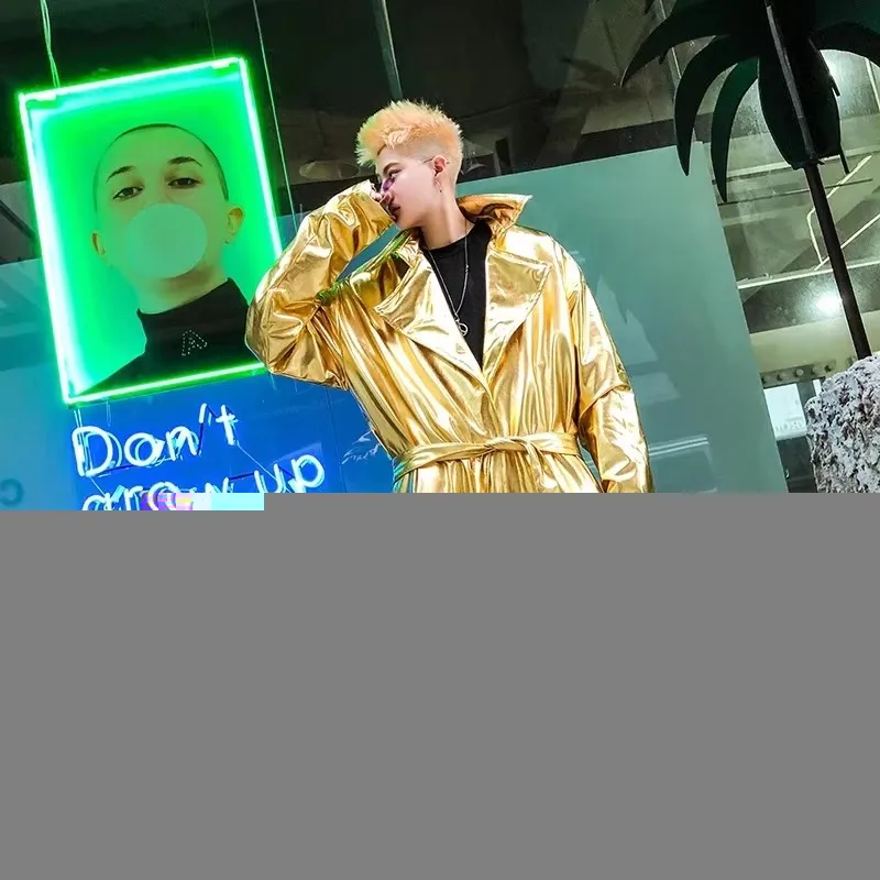 

Men's Shiny Long Trench Coat Fashion Luxury Streetwear Autumn Cloak Cape Gold Lightweight Windbreaker Jacket Stage Dance Costume