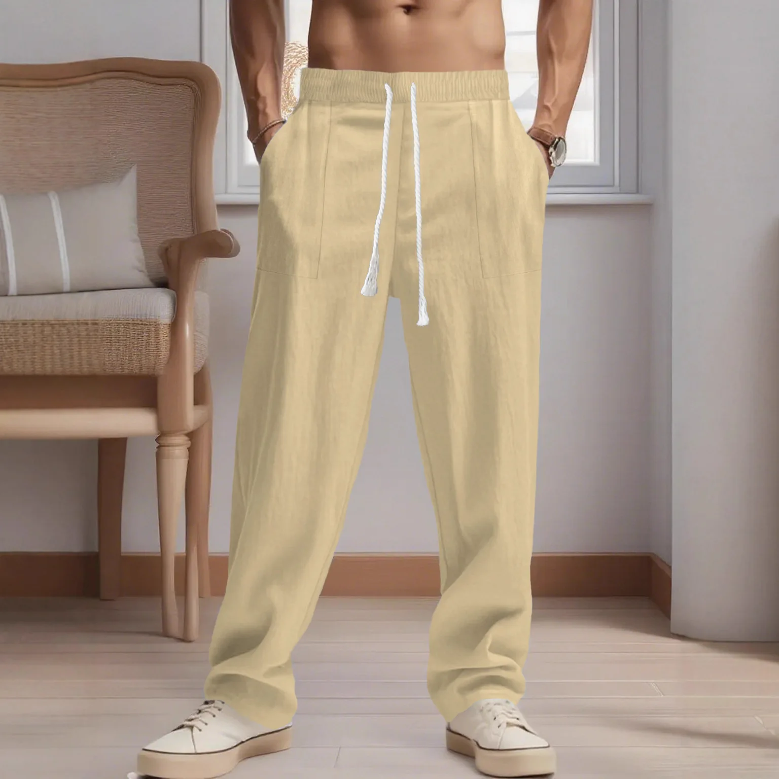 봄과 가을을 위한 새로운 남성용 중국식 단색 면 및 린넨 바지, 여러 개의 포켓 조임끈 디자인