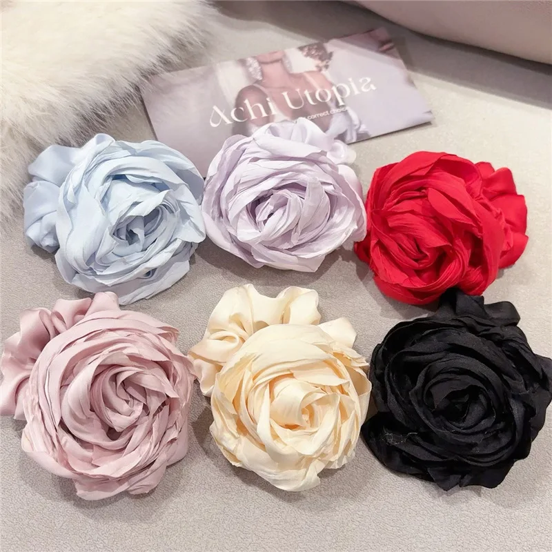 French Elegance Rose Rose Flower Large Intestine Scrunchies Korean Hair Accessories Head Flower Ponytail Rubber Band for Women