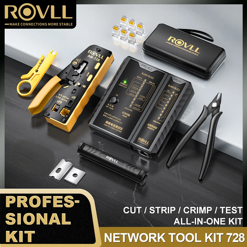 ROVLL RJ45 krimptangset met kabeltester, Ethernet-netwerkgereedschapset voor Cat5e, Cat6, Cat7 en RJ11, inclusief krimpmateriaal voor installatie.