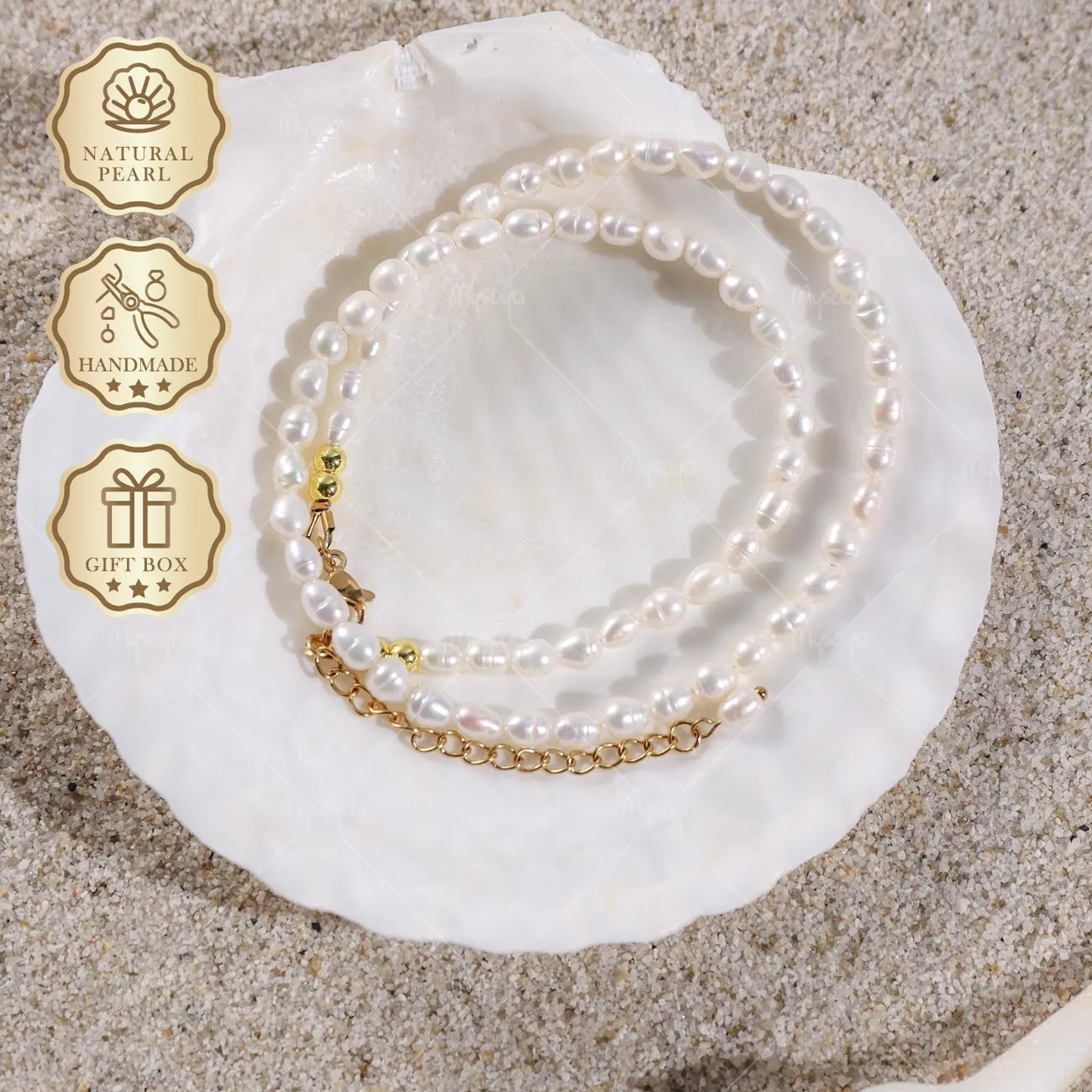 

Mysoya White Rice-Baroque Freshwater Pearl Necklace 4-5mm Golden Extender Chain Gift Box Valentine's Day Birthday Gift For Her