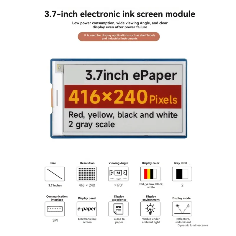 

Superb 3.7Inch E-Paper Display Module For Arduino Raspberry Pi ESP32 STM32 416X240 Red-Yellow-Black-White Nude Screen Version