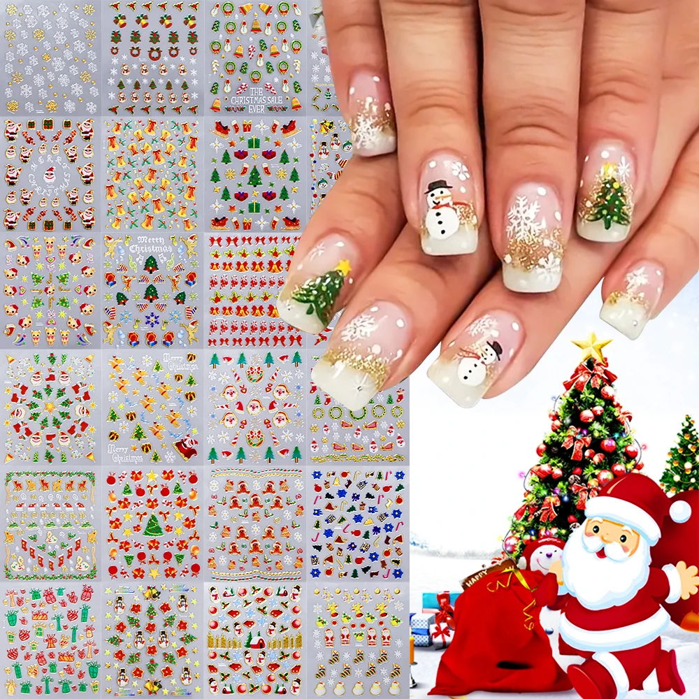 24/30Pcs Cute Santa Claus Nail Sticker Decals 3D Christmas Nail Supplies Winter Snowflake/Tree/Snowman New Year  Manicure Decora