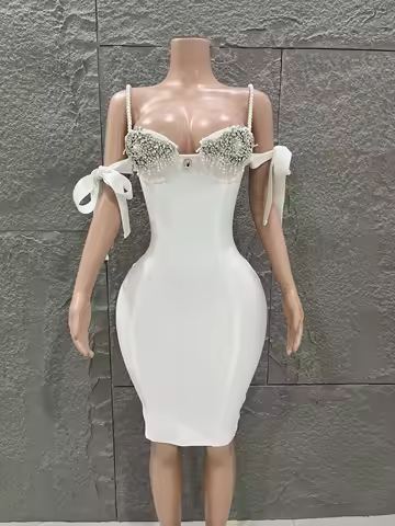 Glamorous Luxury Designer Bandage Dress Pearls Strap Diamonds Embroidery Bodycon Mini Celebrity Evening Club Party Dresses