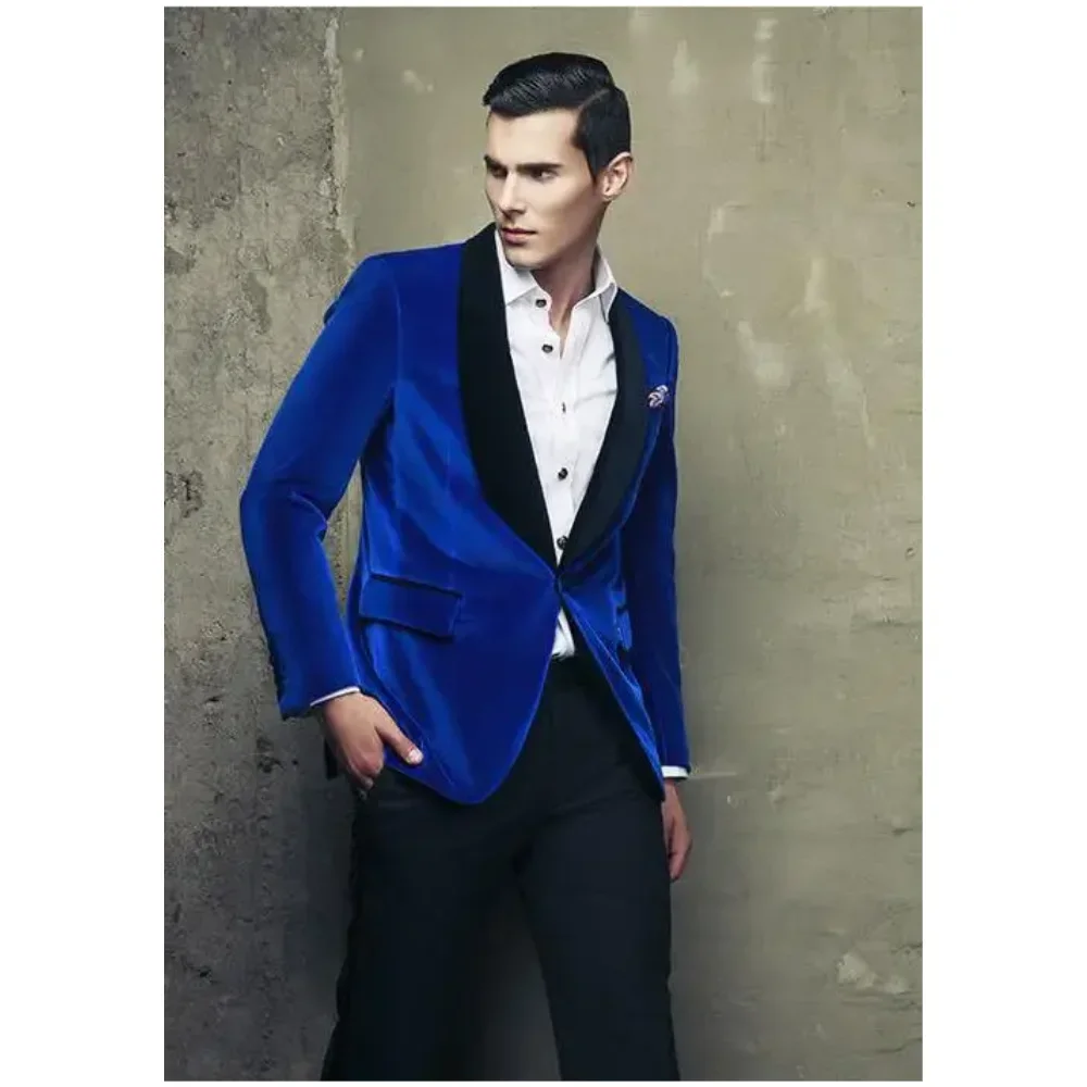 Fashion Royal Blue Velvet Men's Suits Outfits Elegant One Button Black Shawl Lapel 2 Piece Jacket Pants Male Clothing 2025