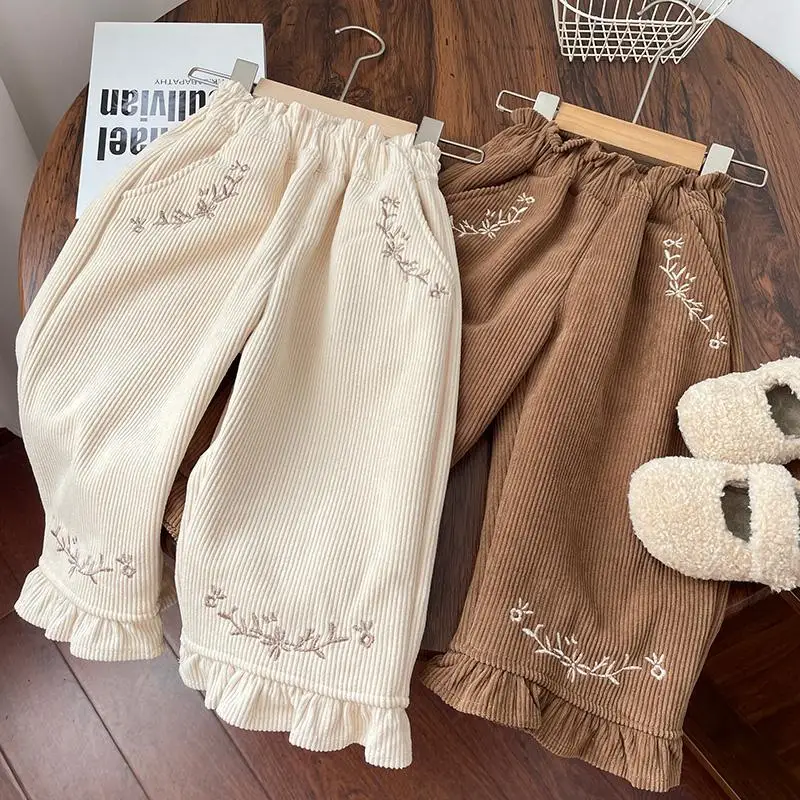 

2025 New Autumn Girls' Corduroy Pants Loose Flower Embroidery Fashion Western Korean Edition