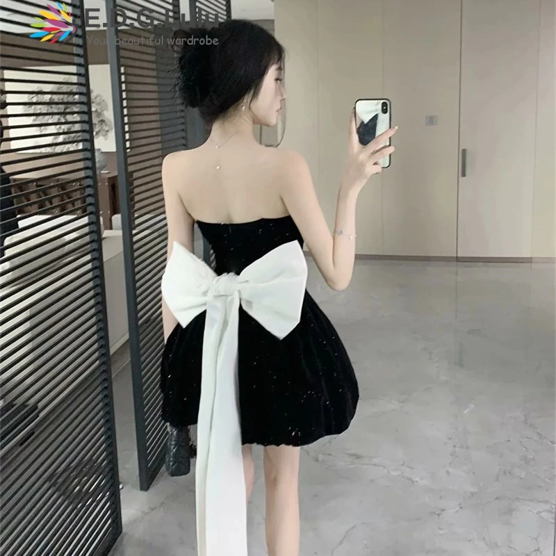 EDGLuLu Elegant Backless Big Bow Birthday Dress Women 2024 Flash Diamond Strapless Dress Mini Red Black Velvet Party Dress 0904