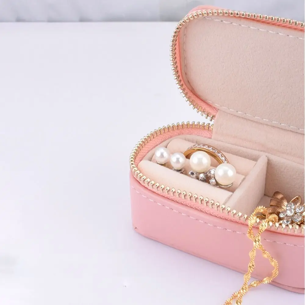 Mini scatola per anelli in velluto con cerniera Custodia per gioielli a strato singolo Custodia da viaggio per orecchini color caramello di grande capacità