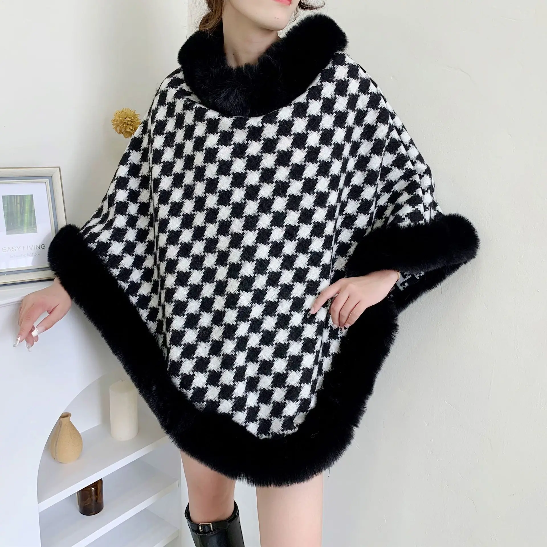 4 Colors Two Side Knitwear Winter Warm Faux Rabbit Fur Neck Plaid Cloak Women Loose Poncho Outdoor Street Pullover Knitwear