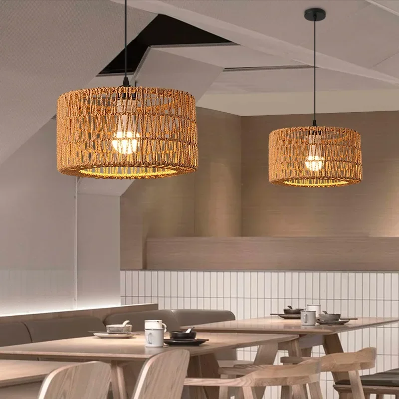 

Handmade Rattan Pendant Lamps Boho Cylinder Shape Hanging Light Fixture Woven Drum Adjustable Basket Chandelier Light Fixture