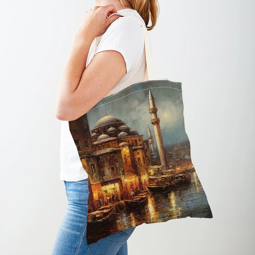 London Istanbul Paris Women Shopping Bags France New York Sydney Shoulder Tote Casual Canvas Handbag Vintage Lady Shopper Bag