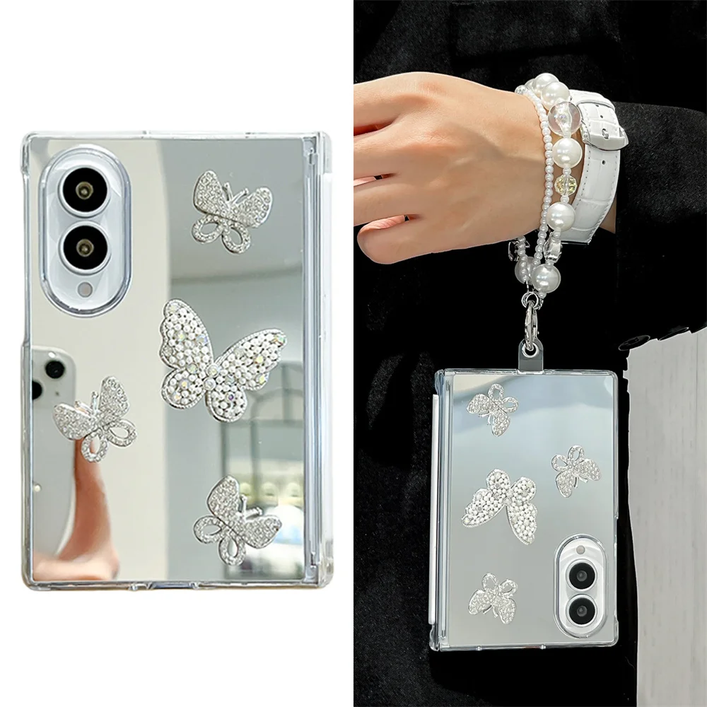 Phone Case For Samsung Galaxy Z Fold8 Ultra Fold7 Fold6 Mirror Surface Rhinestone Butterfly Cover With Pearl Bead Wrist Chain