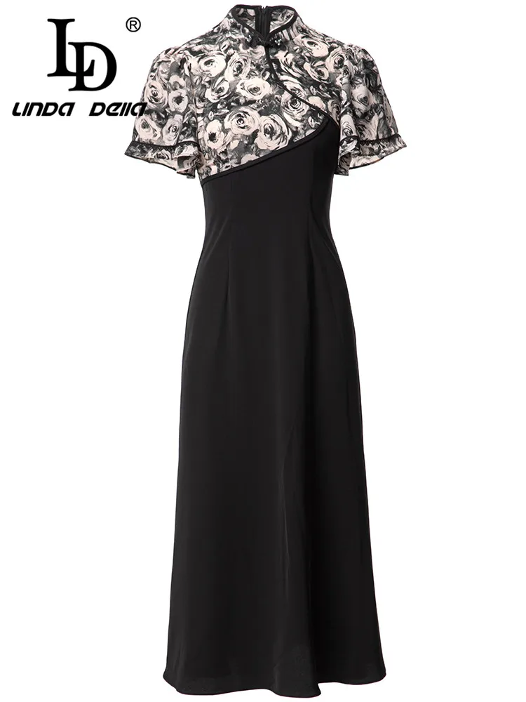 

LD LINDA DELLA Fashion Designer Summer Dress Women's Patchwork Short sleeves Floral print Slim Balck vintage Midi Dress