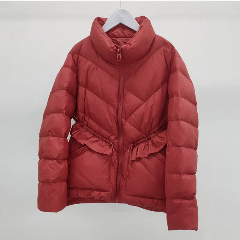 Schinteon 여성용 초경량 화이트 덕 다운 재킷, 스탠드 칼라 러플 패치워크 아웃웨어, 가을 겨울 패션 코트, 2023 신상