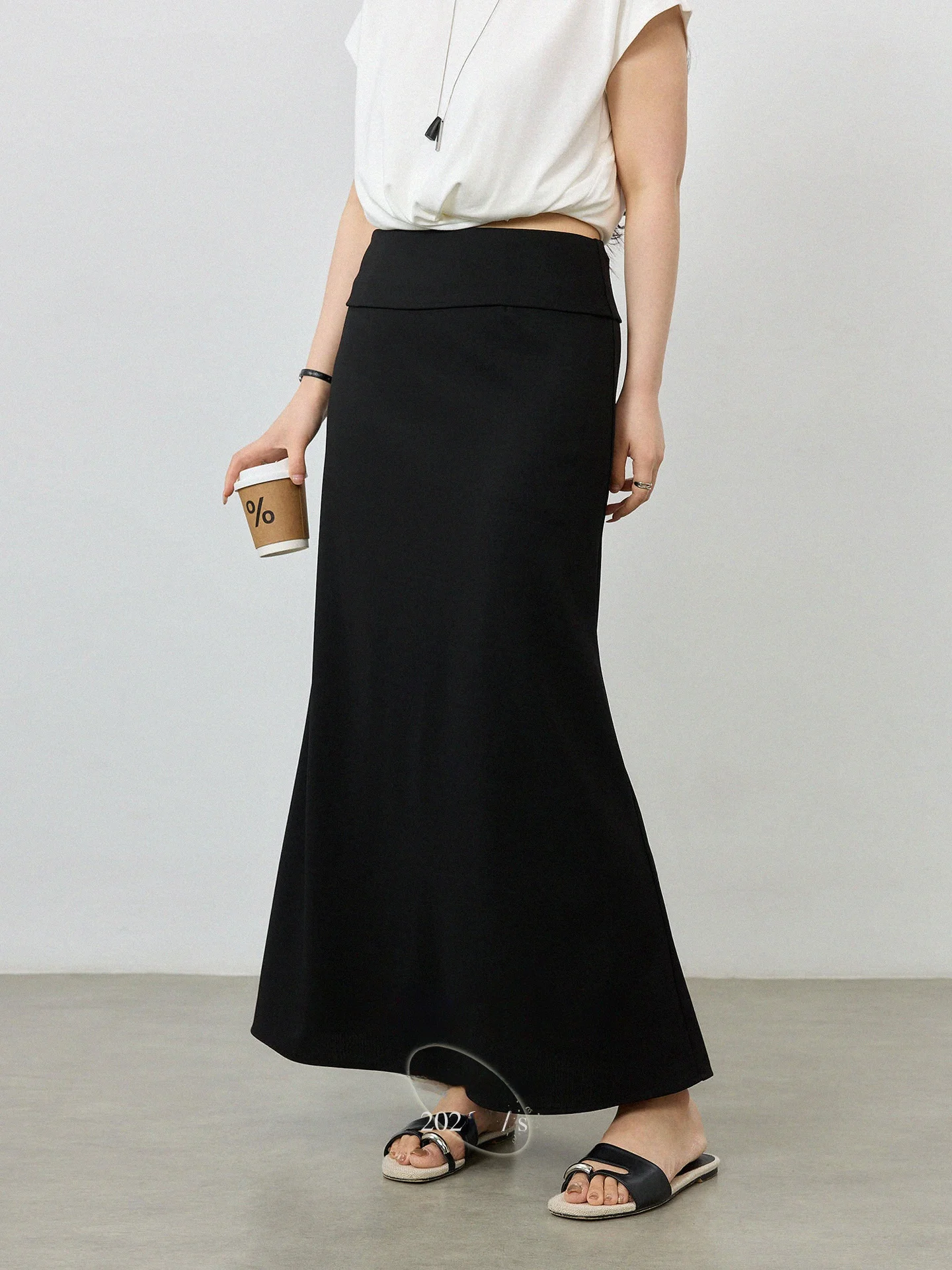 

plus Size Women's Black High Waist A-Line Skirt with Lace Hem Fish Tail Long Dress Slimming Concealing Korean Style Commute