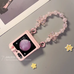 Cute Bow Beads Bracelet Hinger Phone case For Samsung Galaxy Z Flip 3 4 5 6 flip6 zflip5 Cover