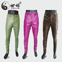 HOO 2024 Men's Autumn New Leather Pants Brown PU Casual Tappered Motorcycle Handsome Leather Pants