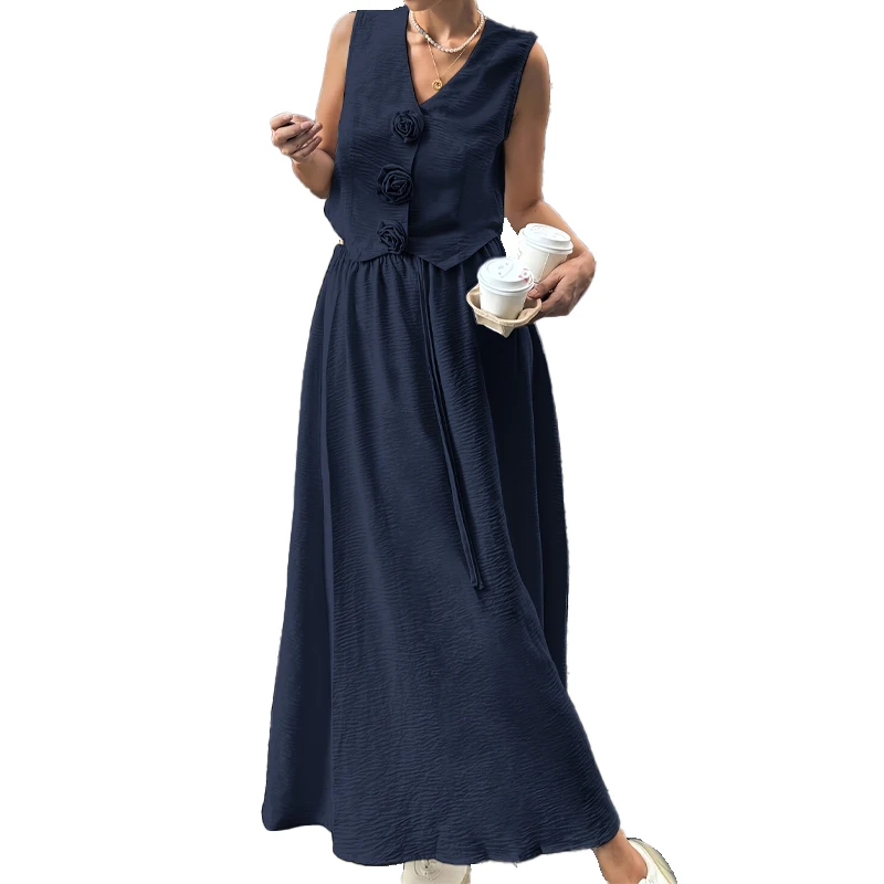 

FFF.DUO Womens Fashion Vintage Solid Skirt Suit Bow Lace-up Tank Tops V Neck Cests Drawstring Midi Skirts Casual High Street Set