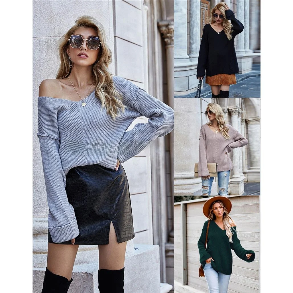 

Женский трикотаж большого размера V-Ne Long Sve, однотонный пуловер, свитер, осень-зима, новый свободный крой, большие размеры