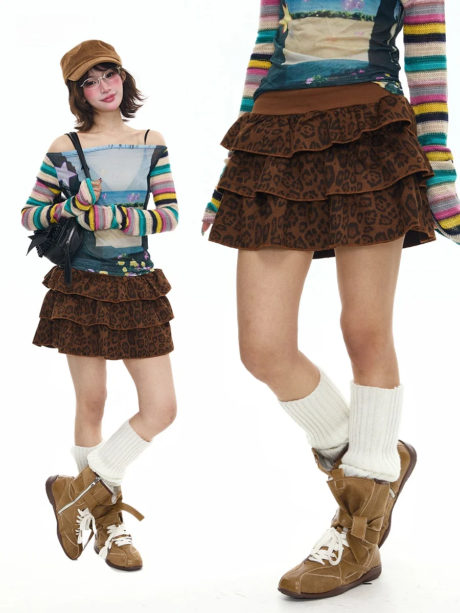 

Sanowers High Waist A-Line Skirt with Lace Trim Leopard Print Women's Cake Skirt Spring Season Slimming f-length Skirt