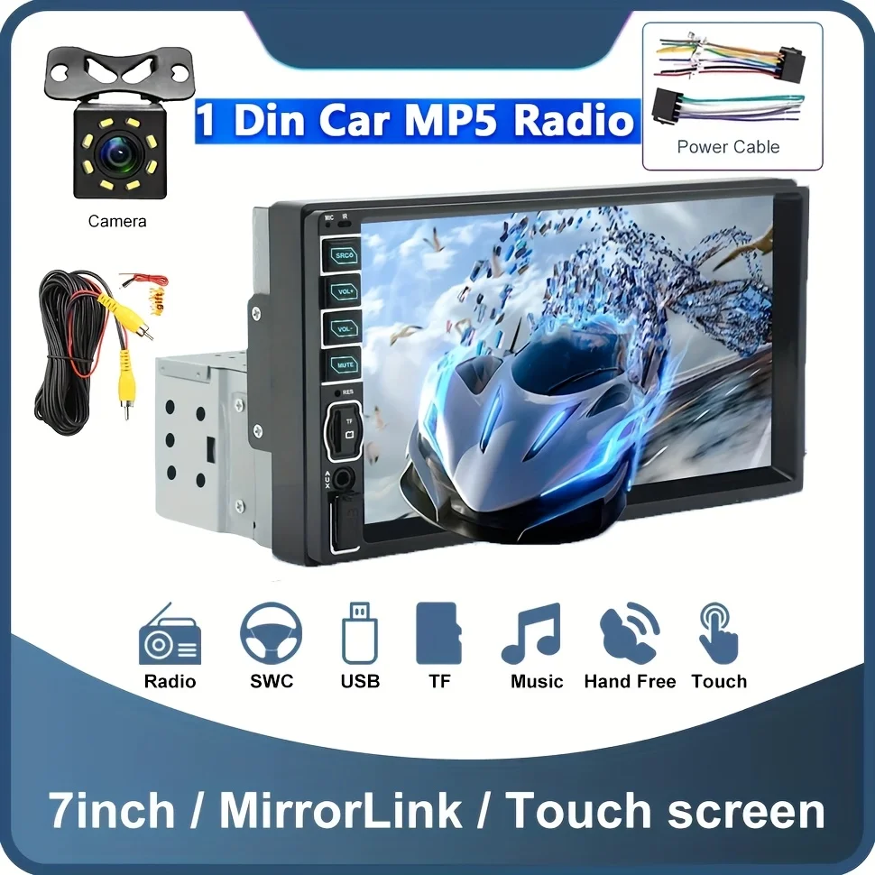 

7-дюймовый HD-сенсорный автомобильный стереоплеер MP5/MP4 с камерой заднего вида, ИК-пультом дистанционного управления, зеркальной связью — одиночный DIN