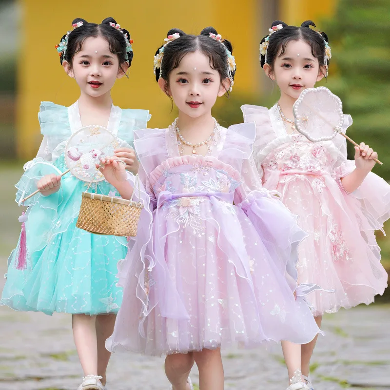 

Pink Cute Baby Girls Hanfu Dress For Little Girls Birthday Elegant Princess Tutu Christening Gown Infant Tradition Clothes