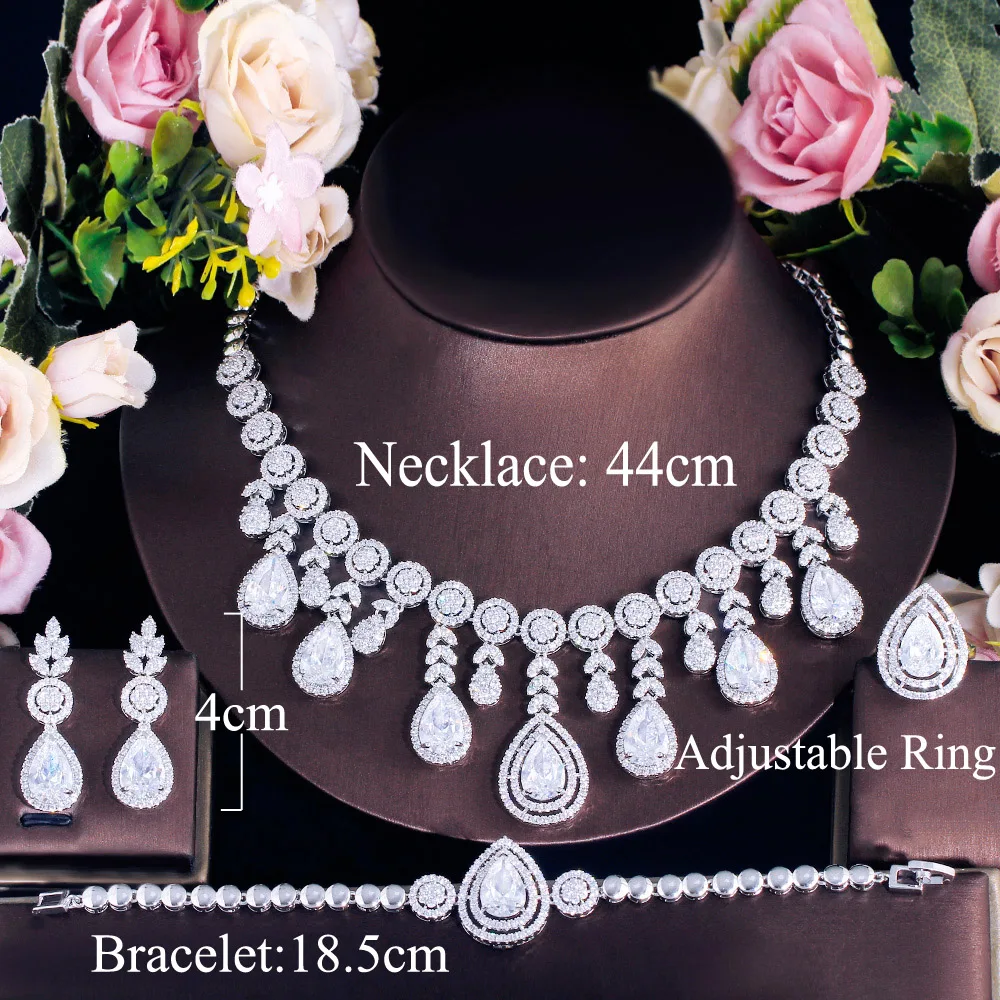 CWWZircons Clear White CZ Paved Dangle Tassel Water Drop Women Chunky Big Costume Necklace Jewelry Sets for Brides Wedding T711